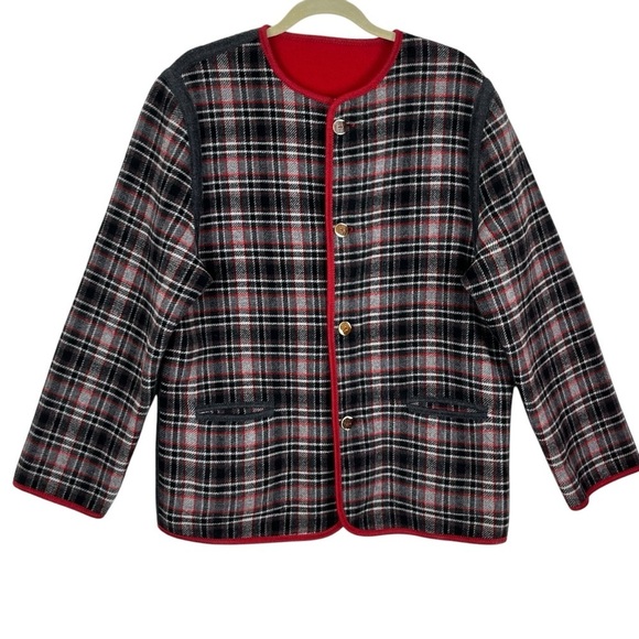Sonnblick Landhausmoden Virgin Wool Reversible Plaid & Solid Red Jacket Sz. L?? - Picture 1 of 13